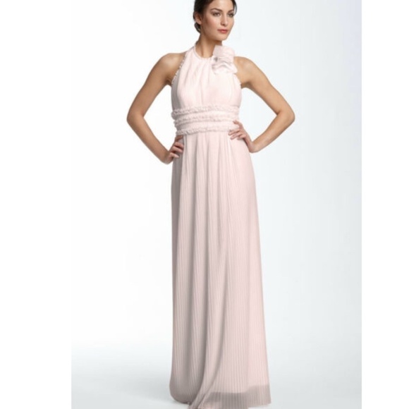 Js Collections Blush Pleated Mesh Halter FL Gown 4 - Picture 1 of 9